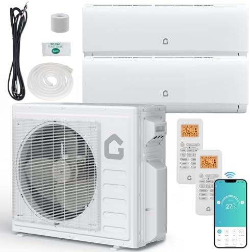 Garvee 28K BTU Dual Zone Mini Split AC/Heating System, 20 SEER2 12000 + 18000 BTU Wifi Ductless 2 Zone Wall Mounted Mini Split Air Conditioner, No Copper Tube Line Set Included-208-230V