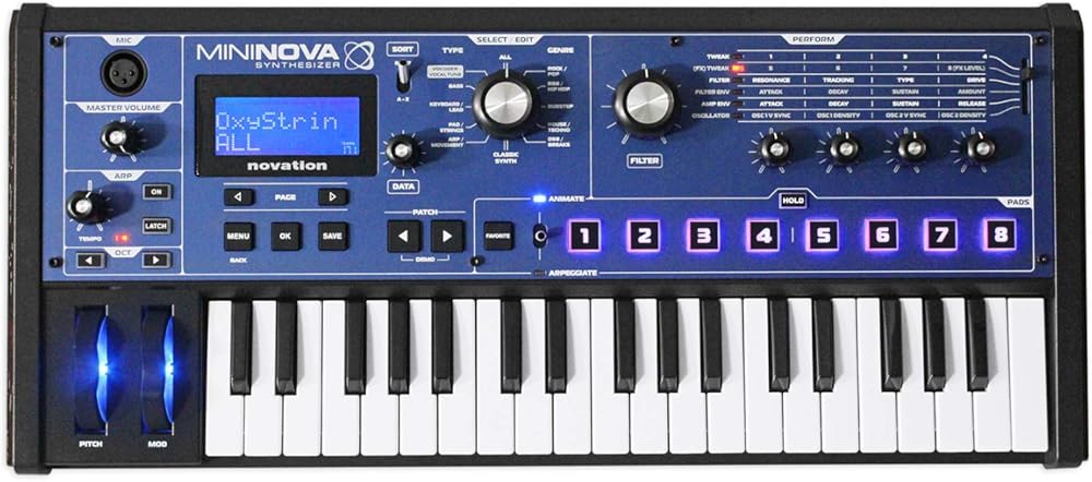 Novation MiniNova Analogue Modelling Compact 37 Mini-key Synth – Tough, compact, powerful mini-synth with pitch-correcting effect vocoder, 256 onboard sounds and five effects per voice layering Blue