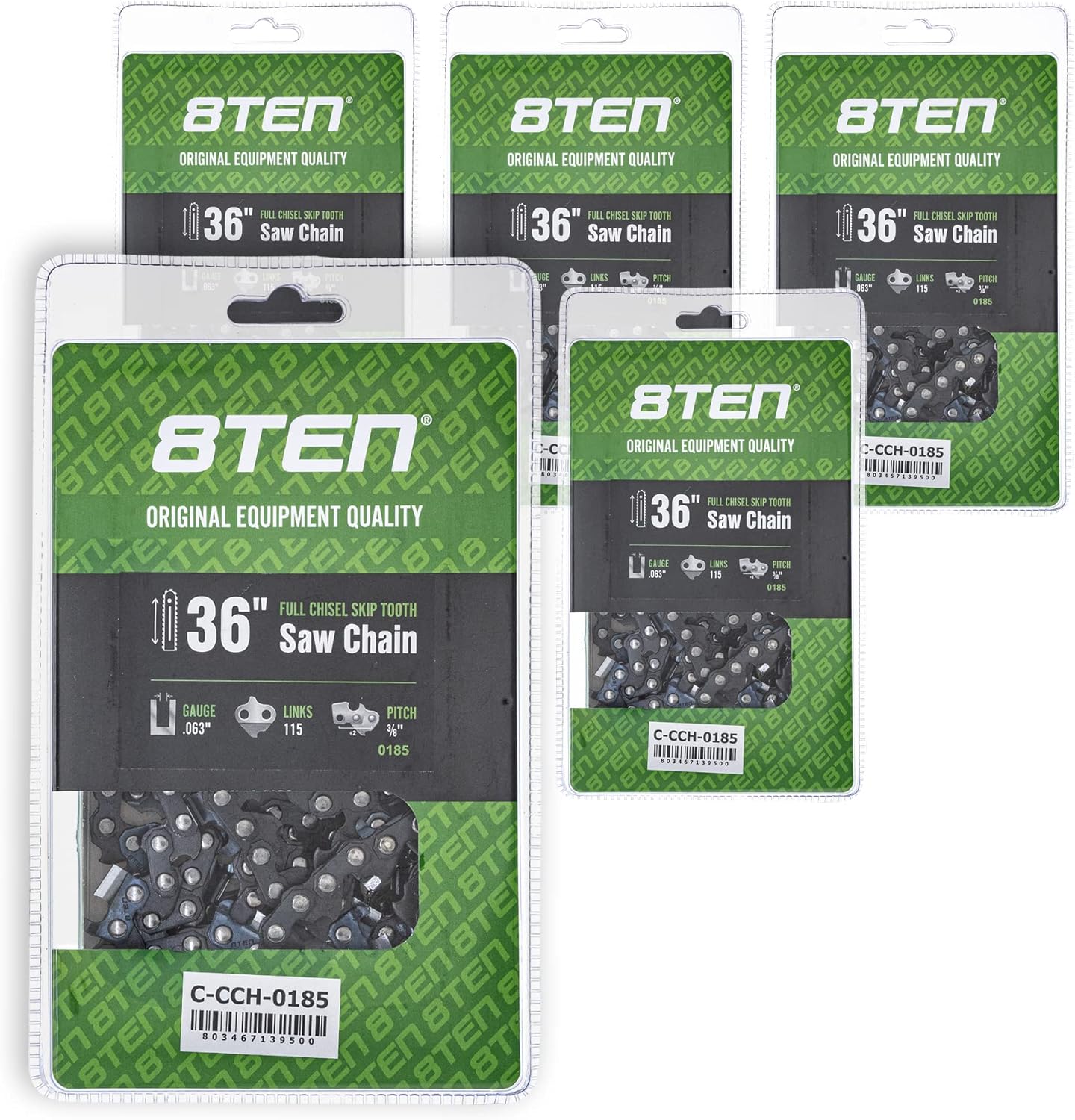 8TEN Full Chisel Skip Tooth Chainsaw Chain 36 Inch .063 3/8 115DL for Poulan Husqvarna 372 385 390 395 575 576 XP (5 Pack)