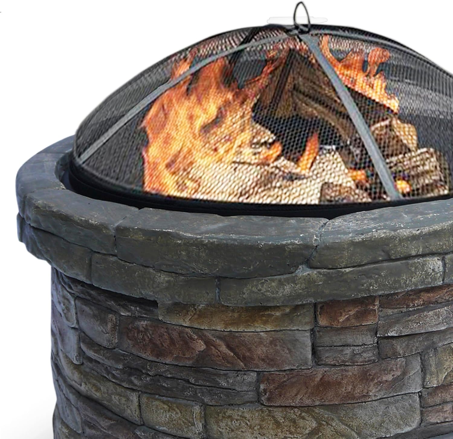 Teamson Home 26.5 in. Round Decorative Faux Slate Stone Outdoor Wood Burning Fire Pit with Spark Screen, Poker and Grill Grate for Self-Contained Fires for Entertaining at Home, Multicolored Stone