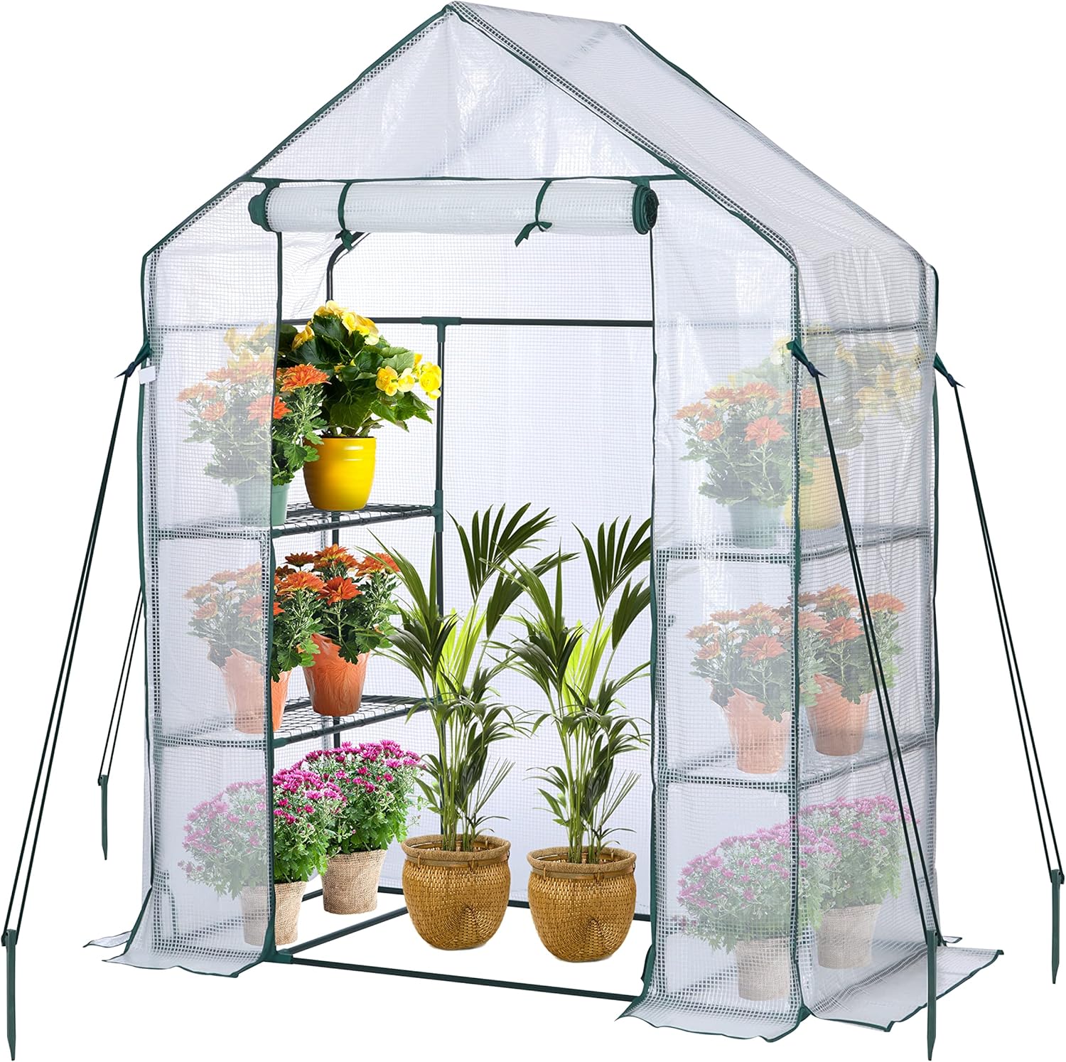 Walk In Greenhouse with Steel Frame and Reinforced PE Plastic Cover 3 Tier 4 Wired Shelves Greenhouse Plant Nursery for Small Gardens, Patios, Perfect for Tomato Growing Easy to Assemble