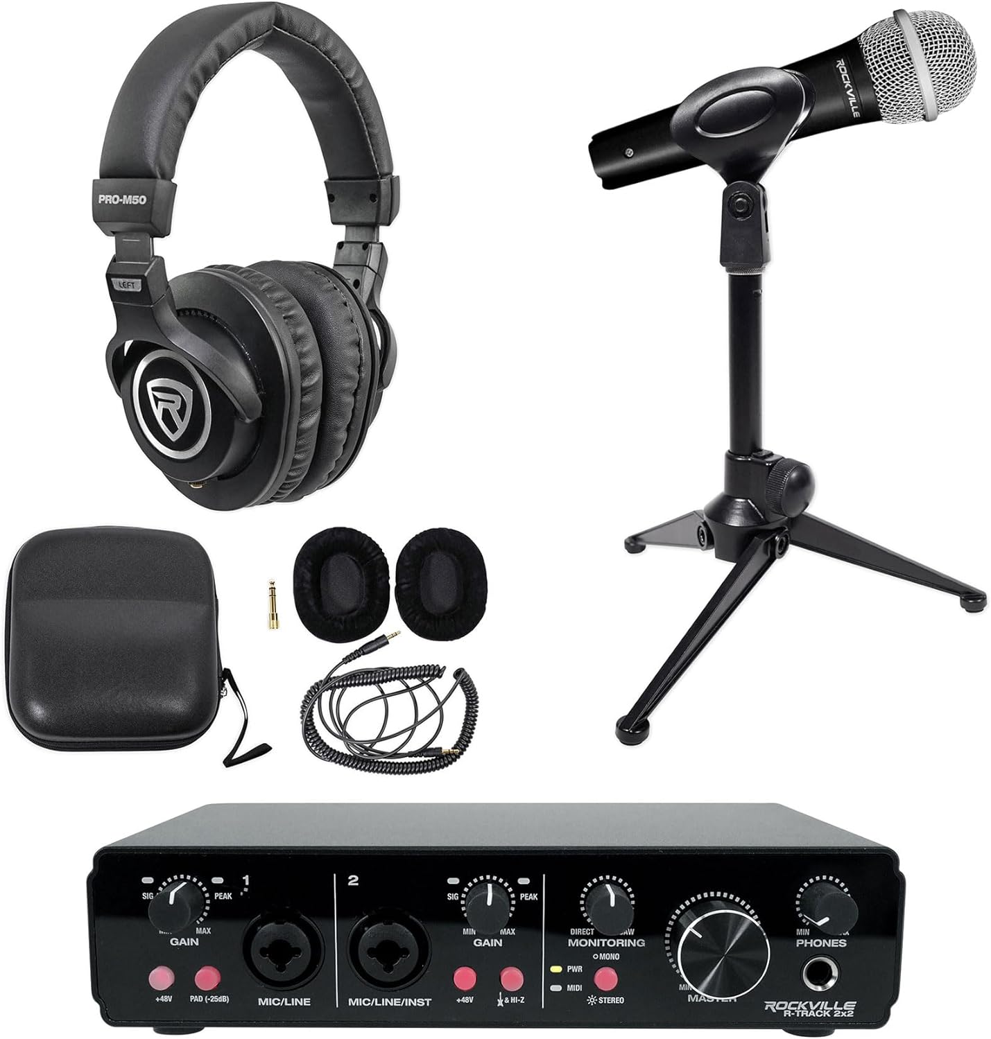 Rockville Podcasting Bundle: R-TRACK 2x2 USB Interface 24-Bit 192kHz, RMC-XLR Dynamic Mic with 2 Cables, PRO-M50 Headphones w/Detachable Cable, RDTS Adjustable Mic Stand, 4-items