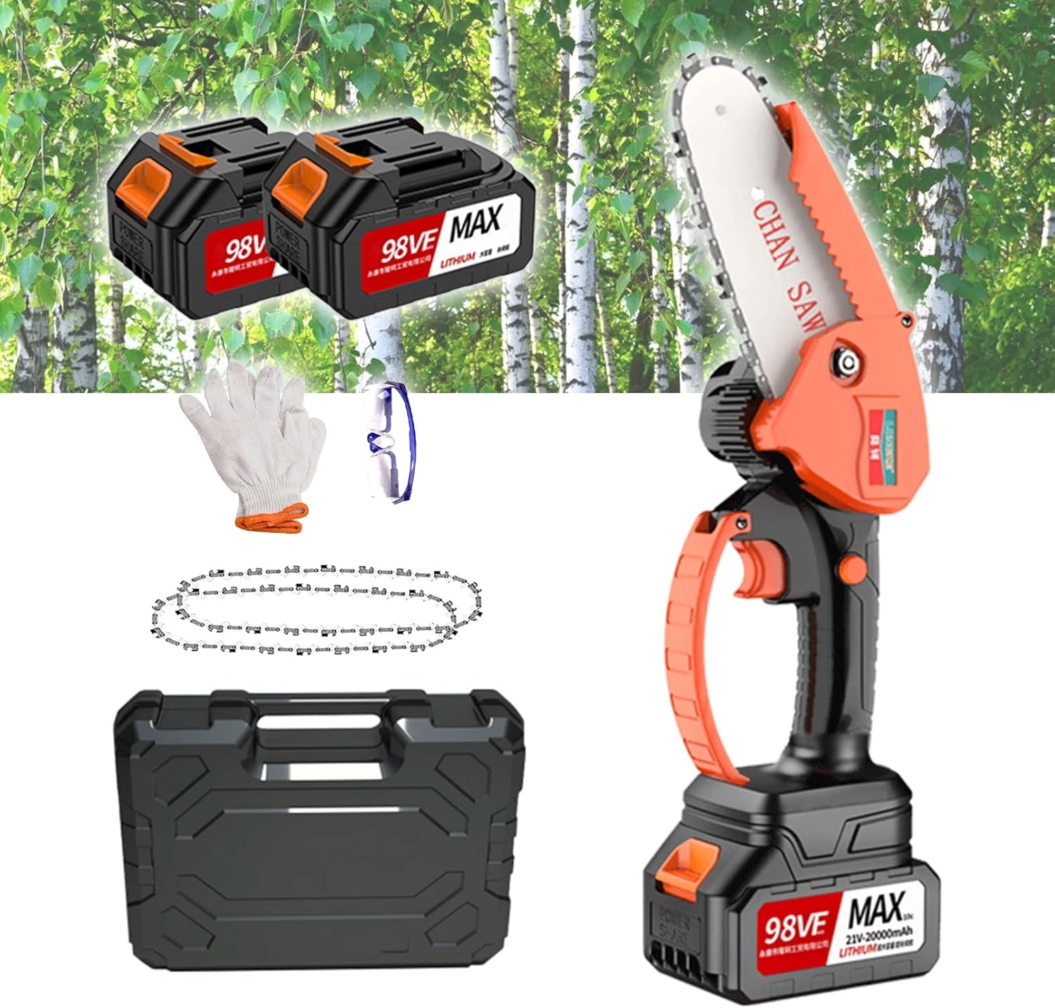 Mini Chainsaw Hand Portable with Rechargeable Battery, 4 Inch Cordless Battery Powered Chain Saw，Electric Cordless Chainsaw with Security Lock,for Yard Branch Trimming(2 Battery，2Pcs Chains)