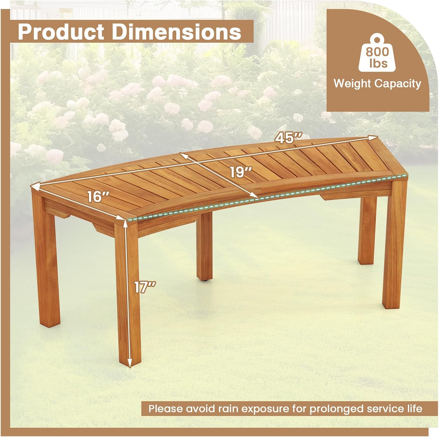 RELAX4LIFE Wooden Outdoor Curved Bench - Acacia Wood Garden Bench w/Slatted Seat, 2-Person Outside Backless Seating for Porch Backyard Deck Park, 800 LBS Load Capacity, Patio Fire Pit Bench (7, 45'')