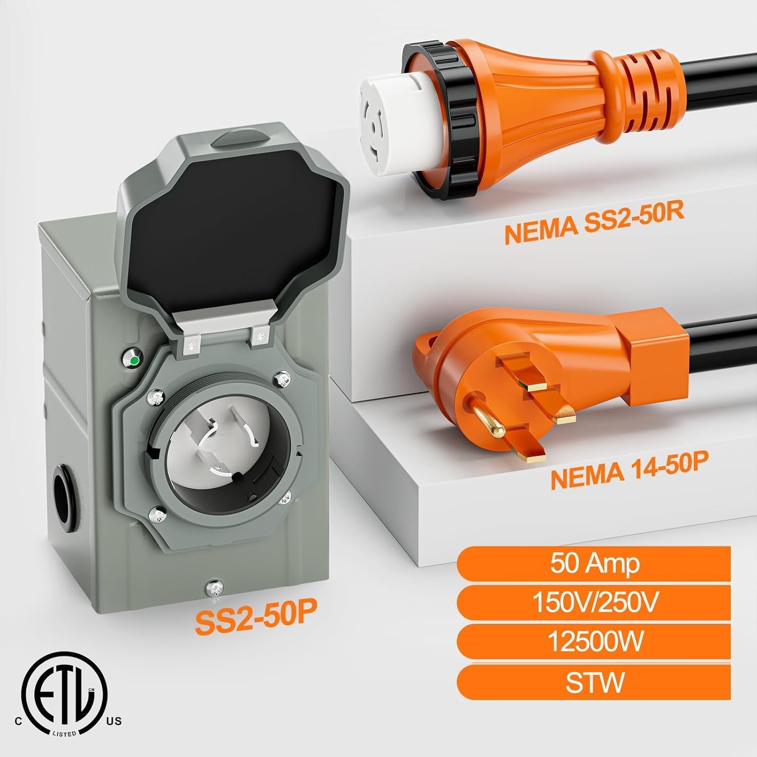 Generator Cord 50 Amp and Pre-Drilled Inlet Box Kit, 25ft Generator Cable Extension 50A 4 Prong NEMA 14-50P to SS2-50R with Twist Lock, Heavy Duty STW Wire for RV Camper & House, ETL Listed