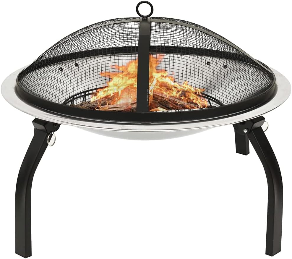 Outdoor Fire Pit with BBQ Grill, Fire Bowl with Poker and Mesh Screen for Bonfire Wood Burning Barbecue (Silver)
