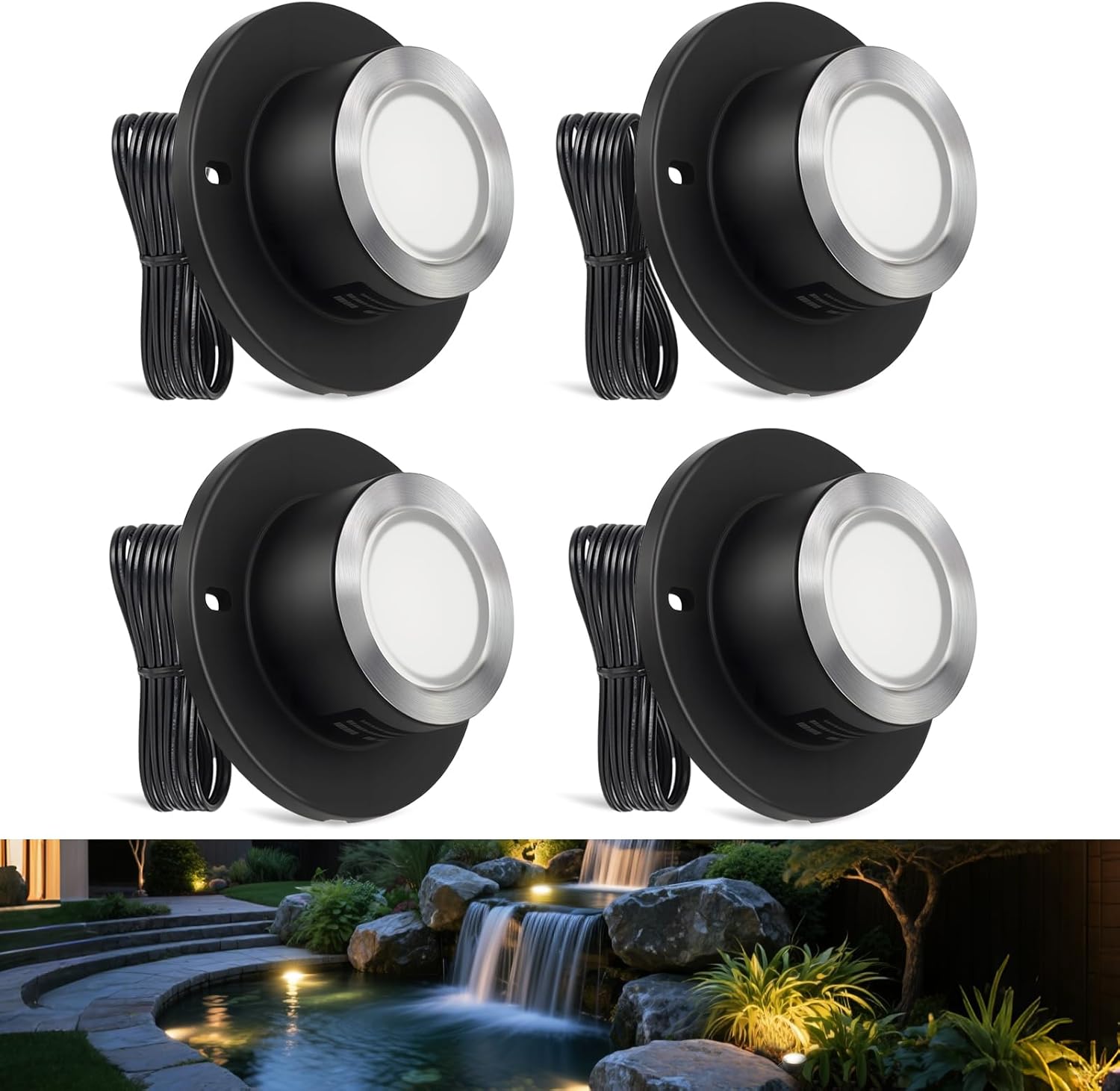 SMY Lighting 3W LED Pond Lights 12-24V AC/DC Low Voltage Underwater Fountain Lights 3000K Warm White IP68 Waterproof for Outdoor Ponds Fountains Waterfalls, 4 Pack