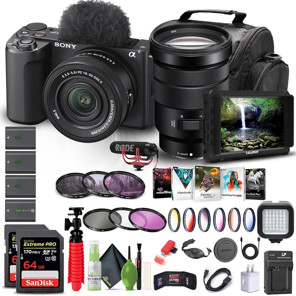 Sony Alpha ZV-E10 II Mirrorless Camera with 16-50mm Lens (Black) (ZVE10M2KB) 18-105mm Lens + 4K Monitor + Pro Mic + 2 x 64GB Memory Card + Color Filter Kit + Filter Kit + More (Renewed)