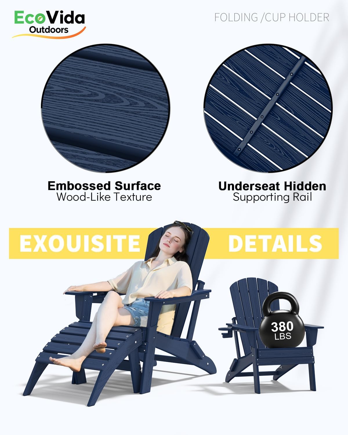 Upgraded Folding Adirondack Chair with All-Weather Cup Holder-EcoVida, Premium Wood Grain Texture, HDPE Waterproof, Suitable for Fire Pit, Patio, Porch, Navy