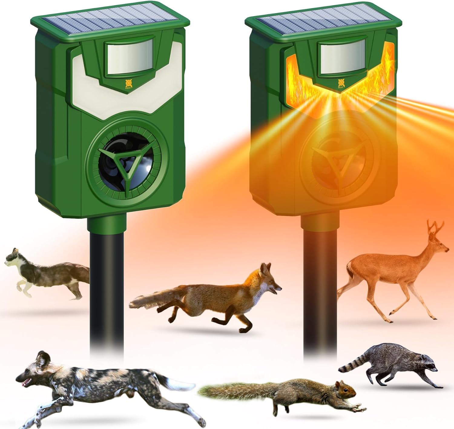 X-PEST 2 Pack Solar Ultrasonic Animal Repeller Outdoor Animal Deterrent for Garden, Yard & Farm - Waterproof, USB & Solar Powered, Deer, Dog, Cat, and Rodent Repellent