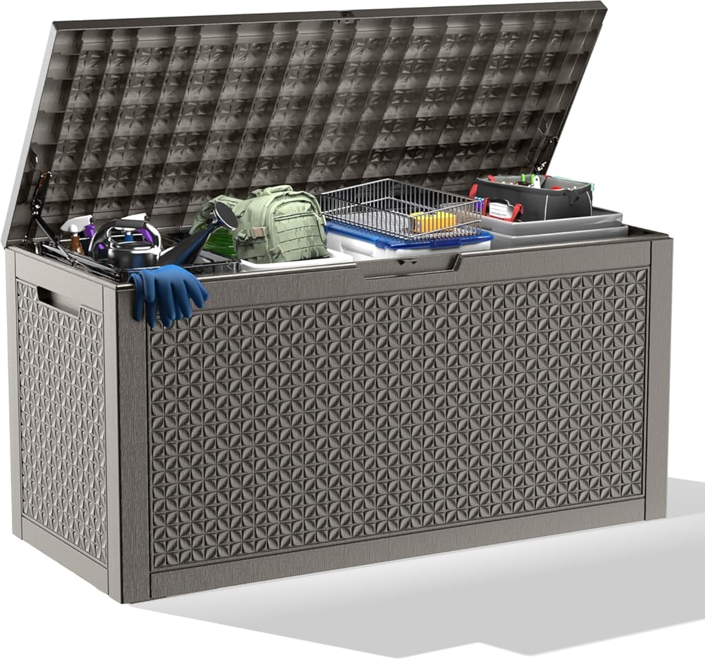New 100 Gallon Outdoor Storage Box, Resin Deck Boxes Waterproof, Indoor Outdoor Bin for Package Delivery, Patio Cushions, Gardening Tools, Lockable, UV Resistant