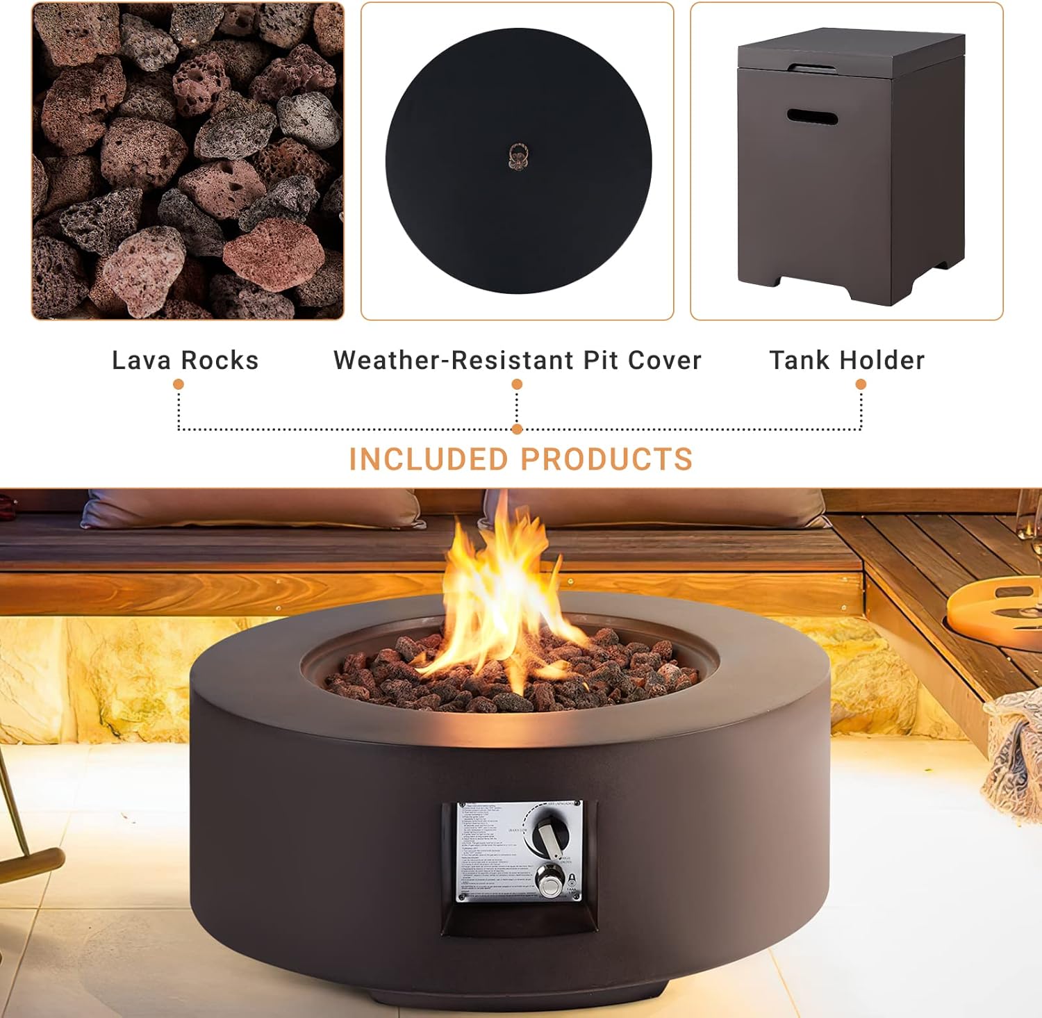 Propane Firepit Table Set - 30 Inch Auto-Ignition Round Gas Fire Pit, 50,000 BTU Steel Fire Table with Weather-Resistant Cover and Lava Rocks