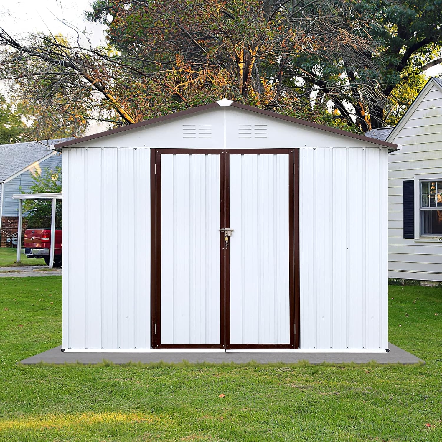 10x12 FT Sheds & Outdoor Storage,Metal Aluminum Garden Shed,with Punched Vents,Waterproof Cabinet w/Hinged Door and Padlock,Tool House for Storing Bicycles,Lawnmowers,Barbeques,White+Grey