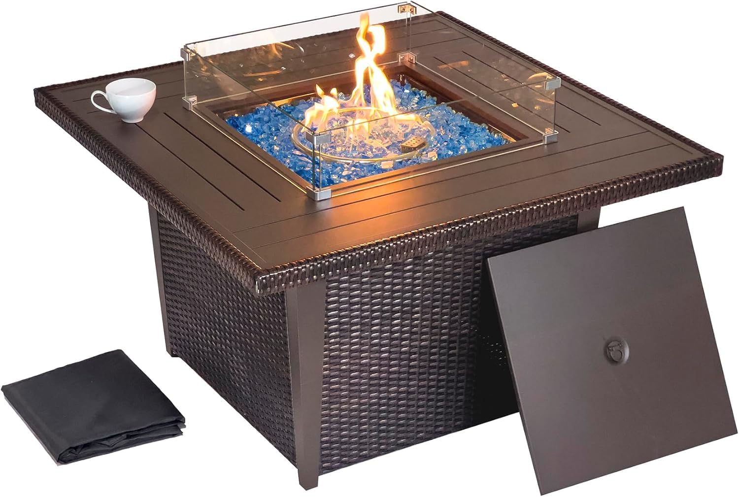 42 Inch Fire Pit Table, 50,000 BTU Outdoor Square Gas Fire Pit Table for Patio Garden Backyard,CSA Certification, with Lid, Glass Wind Guard, Waterproof Cover (Brown)
