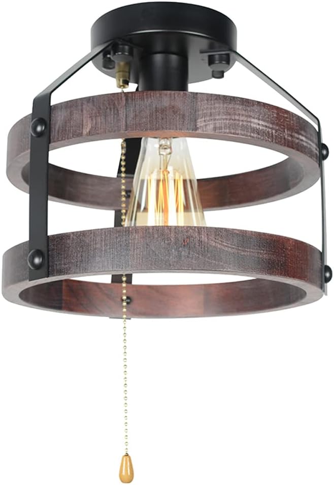 Farmhouse Flush Mount Ceiling Light with Pull Chain, 1-Light Small Wood Rustic Close to Ceiling Light Fixture Pull String Country Home Lighting Edison E26 8060PC