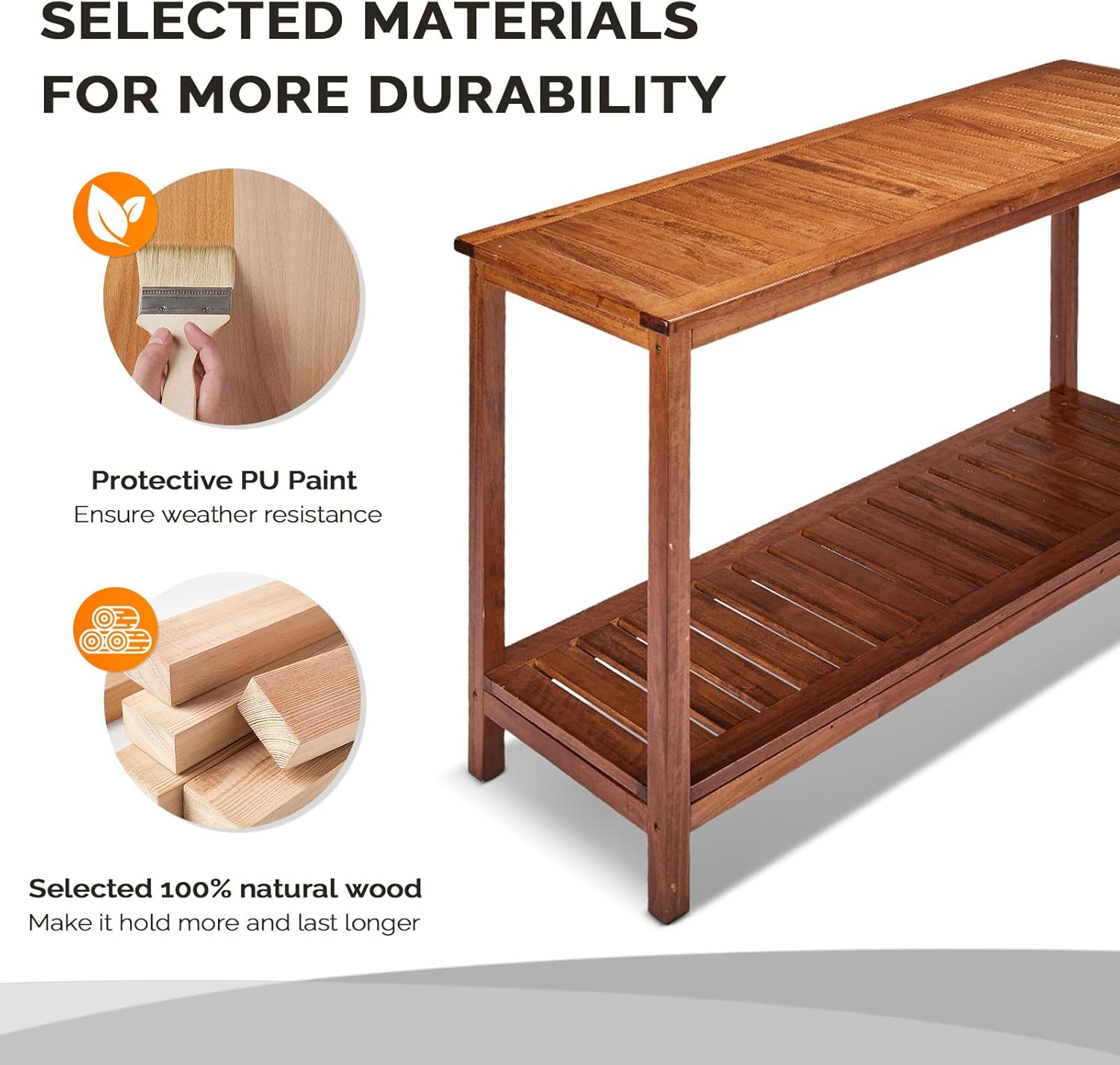 VINGLI 49in Solid Wood Outdoor Console Table, 2-Shelf Wooden Outdoor Accent Plant Table Multifunctional Buffet Bar Storage Organizer for Indoor Patio Porch and Entryway (Natural)