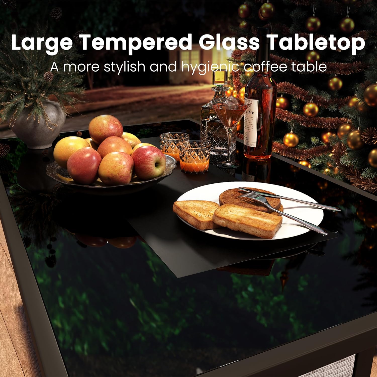 43-Inch Propane Fire Pit Table, Rattan Rectangular Outdoor Gas Fire Pit with Glass Wind Guard, Tempered Glass Tabletop & Lid, CSA Listed, 60,000 BTU, 304 Stainless Steel H-Burner, for Outside Patio