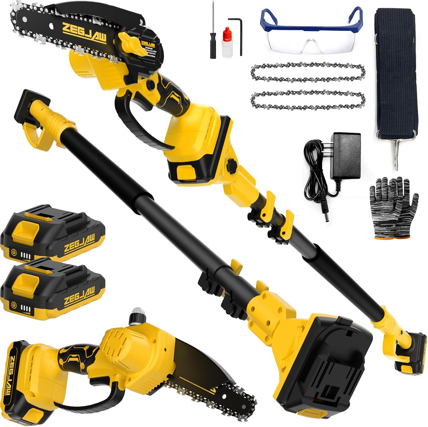 2-IN-1 Cordless Pole Saw & 6 Inch Mini Chainsaw with 2 Pack 2.0Ah Battery and Charger, Electric Pole Saw for Tree Trimming with Adjustable Extension Pole