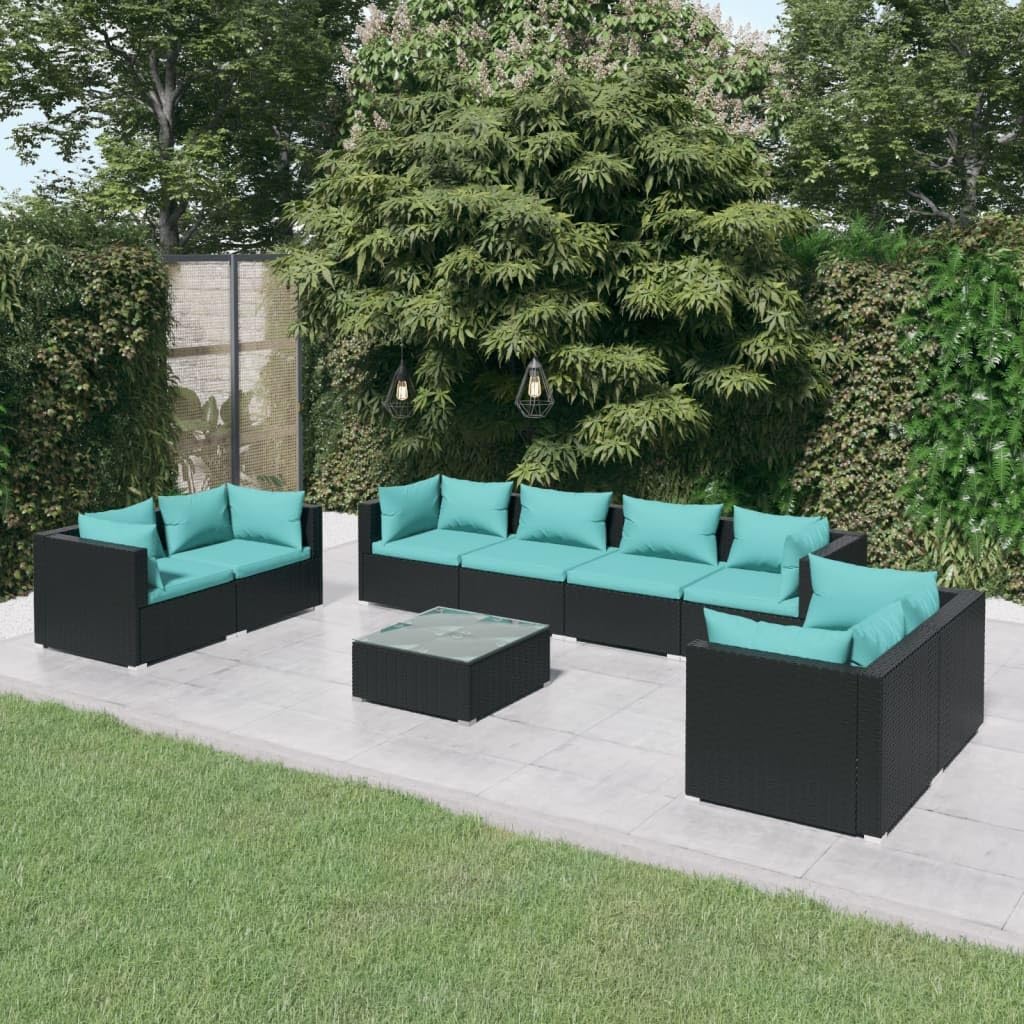 9 Piece Patio Lounge Set with Cushions Poly Rattan Black,Modern 6Piece Patio Lounge Set: Durable and Comfortable Outdoor Furniture for Relaxation Patio Furniture, Outdoor Furniture Sets