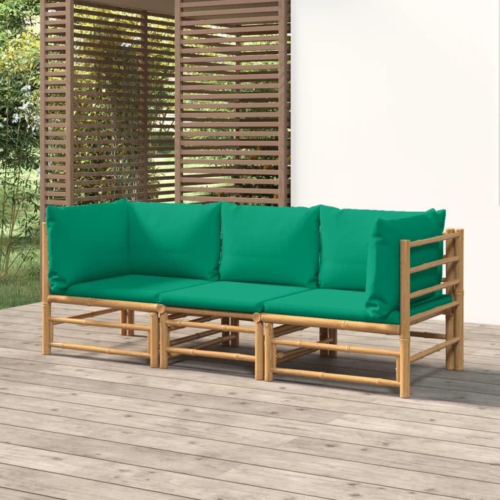 3-Piece Natural Bamboo Garden Lounge Set, Green Cushions, Oiled Finish, Outdoor Patio Furniture for Balcony, Weather-Resistant, Seats 3 Adults