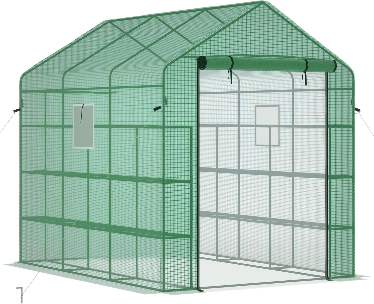 Outsunny 8' x 6' x 7' Walk-in Greenhouse, PE Cover, 4-Tier Shelves, Steel Frame Hot House, Roll-Up Zipper Door for Flowers, Vegetables, Saplings, Tropical Plants, Green
