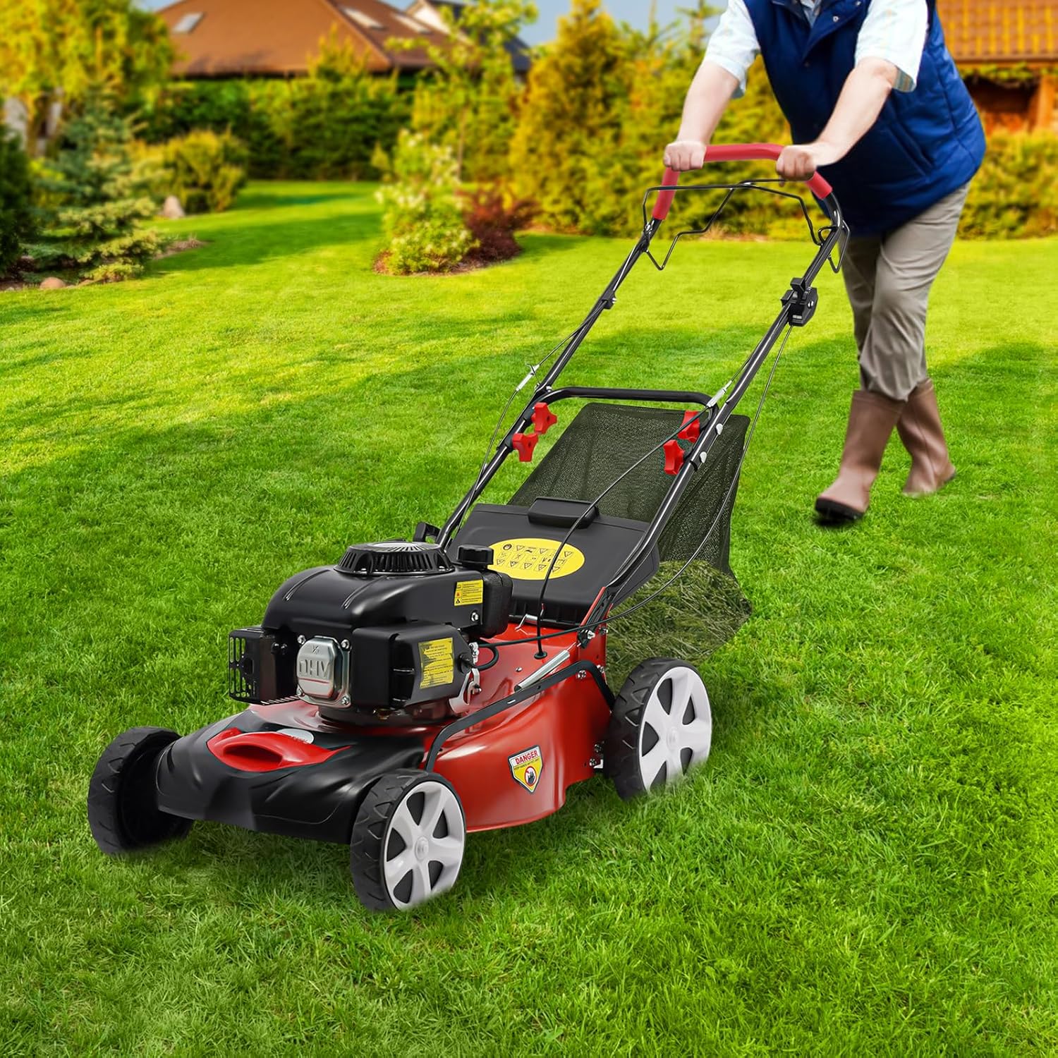 20inch Gas Powered Lawn Mower w/Grass Collecting Bag 173CC 4-Stroke Self Propelled Walk Behind Push Mower,3 in 1 Engine 8 Gear Adjustable Heights 8