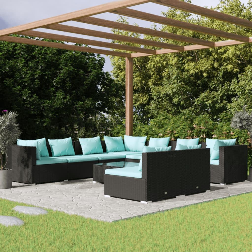 Garden Lounge Set Black, Water Blue Cushions, Synthetic Poly Rattan, Powder-Coated Steel Frame, Outdoor Patio Furniture Set for Balcony