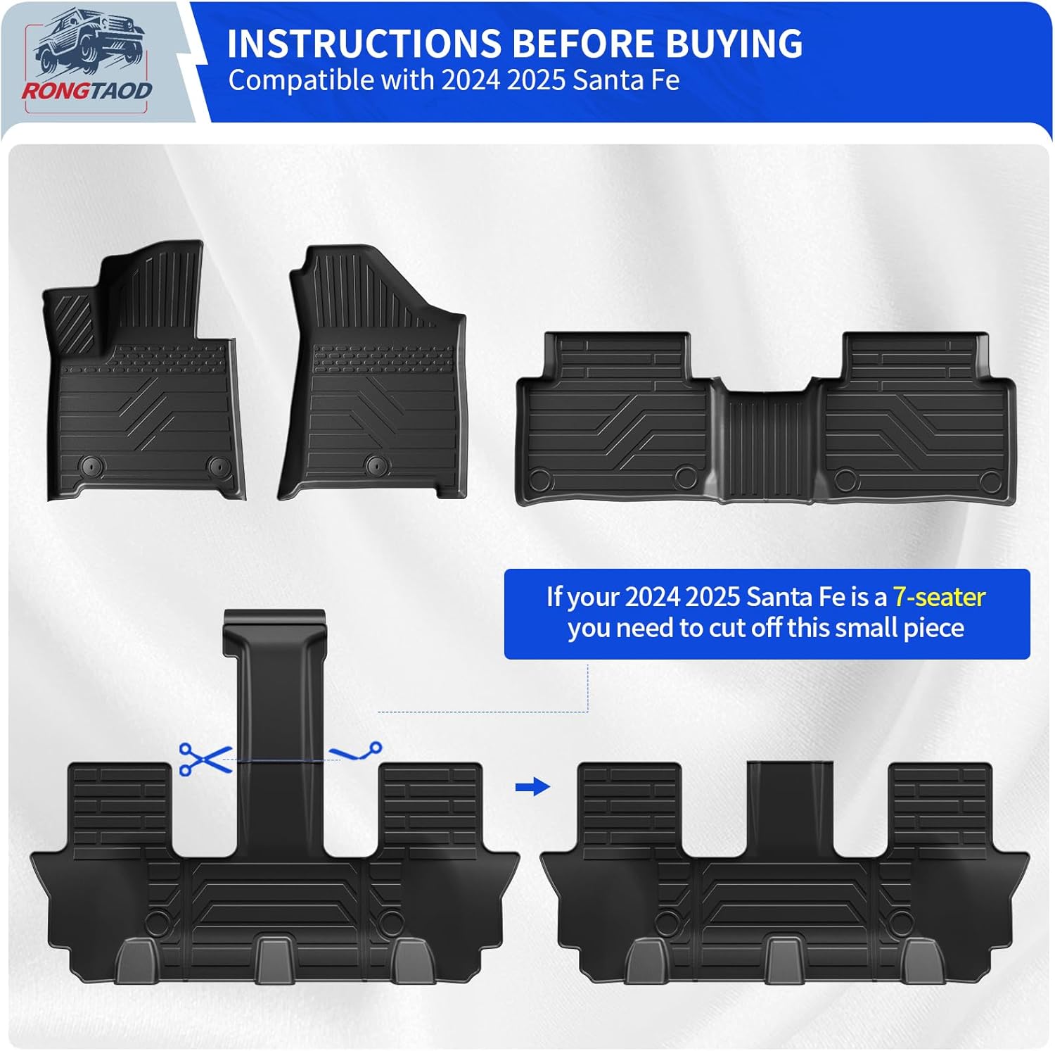 Rongtaod Floor Mats Compatible with 2024 2025 2026 Hyundai Santa Fe 6&7 Seats for Gas&Hybrid Trunk Mat Cargo Mat Cargo Liner All Weather Santa Fe Accessories (Trunk Mat with Backrest Mat+Floor Mats)