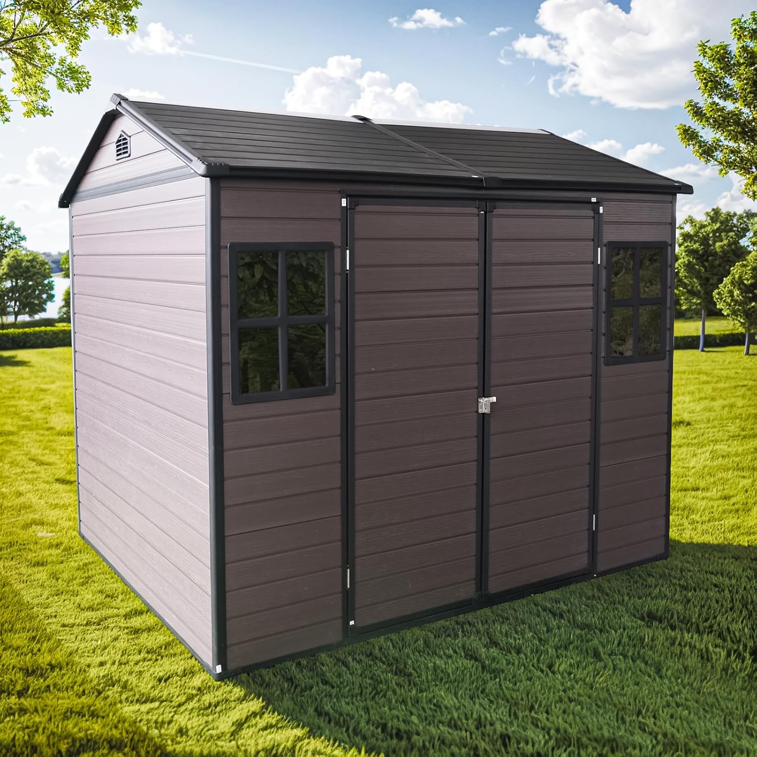 8x6 ft Outdoor Storage Shed with Two-Window and Double-Door, Resin Storage Shed with Lockable Door, Plastic Shed with Floor for Gargen, Patio, Yard, Lawn (Brown, 8 x6 ft)