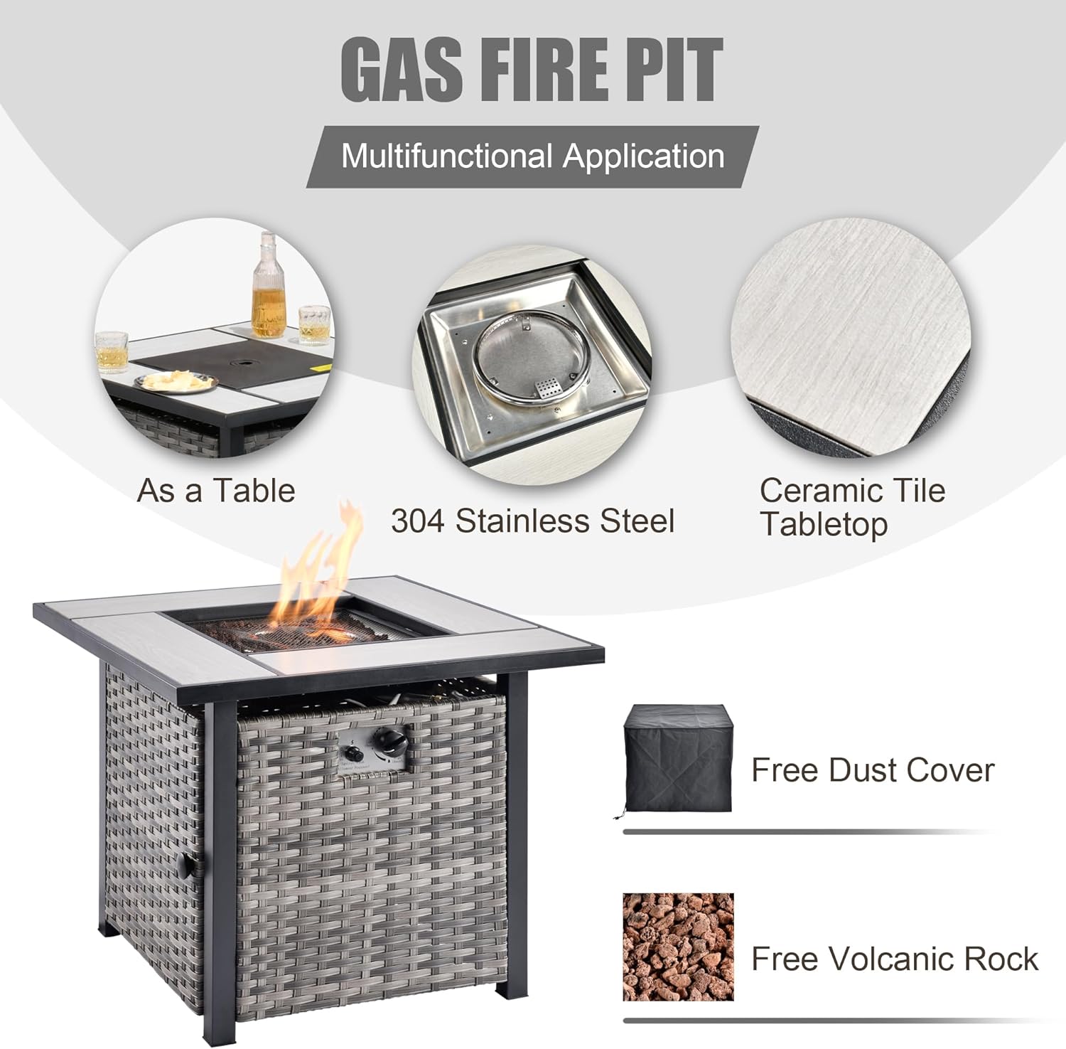 HOOOWOOO Patio Outdoor Furniture Set with Propane Fire Pit Table Swivel Chair,6 Piece High Back Wicker Couch Sofa Set,Outside Weather Resistant Conversation Seating Set w Curve Arm(Light Gray)