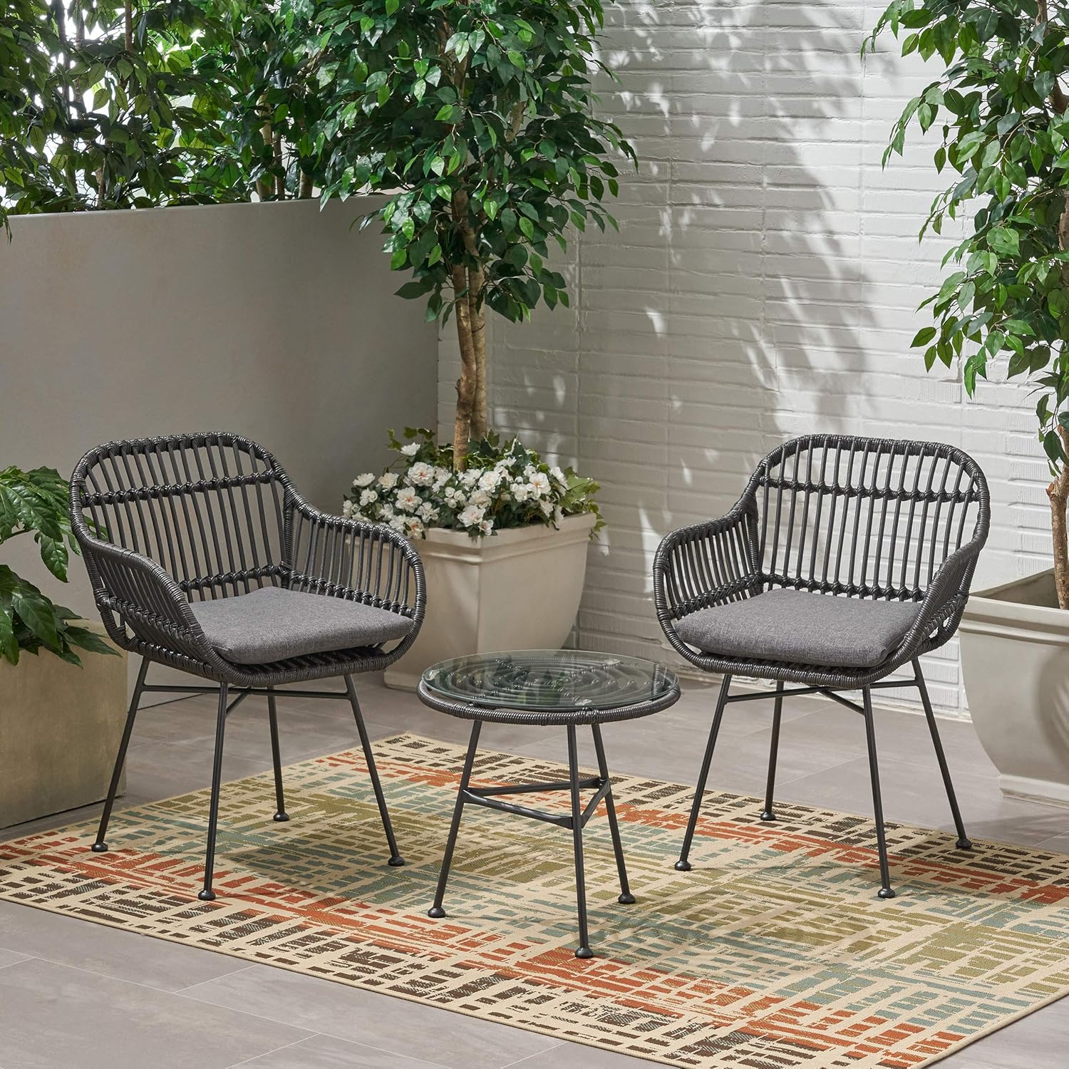Great Deal Furniture GDFStudio Outdoor Faux Wicker 2 Seater Chat Set with Tempered Glass Table, Gray and Dark Gray