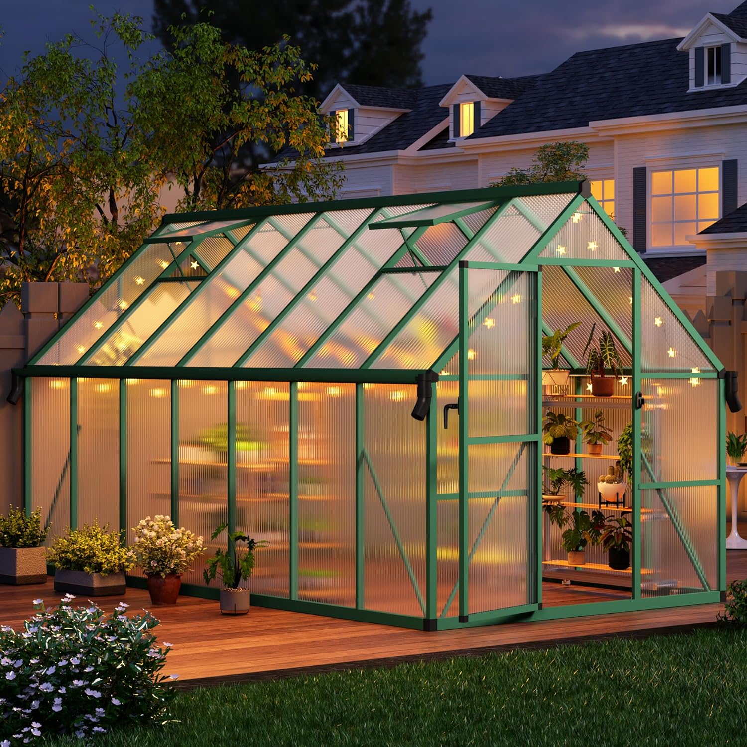 CABIHOME 8x14 FT Outdoor Greenhouse, Polycarbonate Greenhouse with Roof Vent and Ground Nails, Aluminum Large Walk-in Green House w/ Lockable Push Door for Outside Garden Backyard (Green, 8x14 FT)