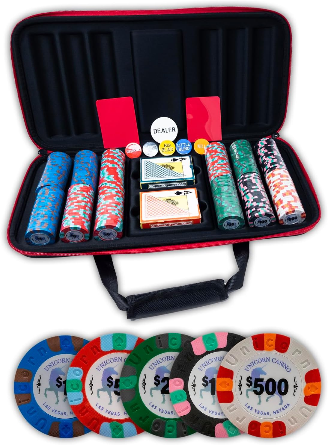 DA VINCI Unicorn All Clay Poker Chip Set with 300 Authentic Casino Weighted 9 gram Chips, Durable Soft Shell Case, 2 Decks of Plastic Playing Cards, Dealer Buttons and 2 Cut Cards