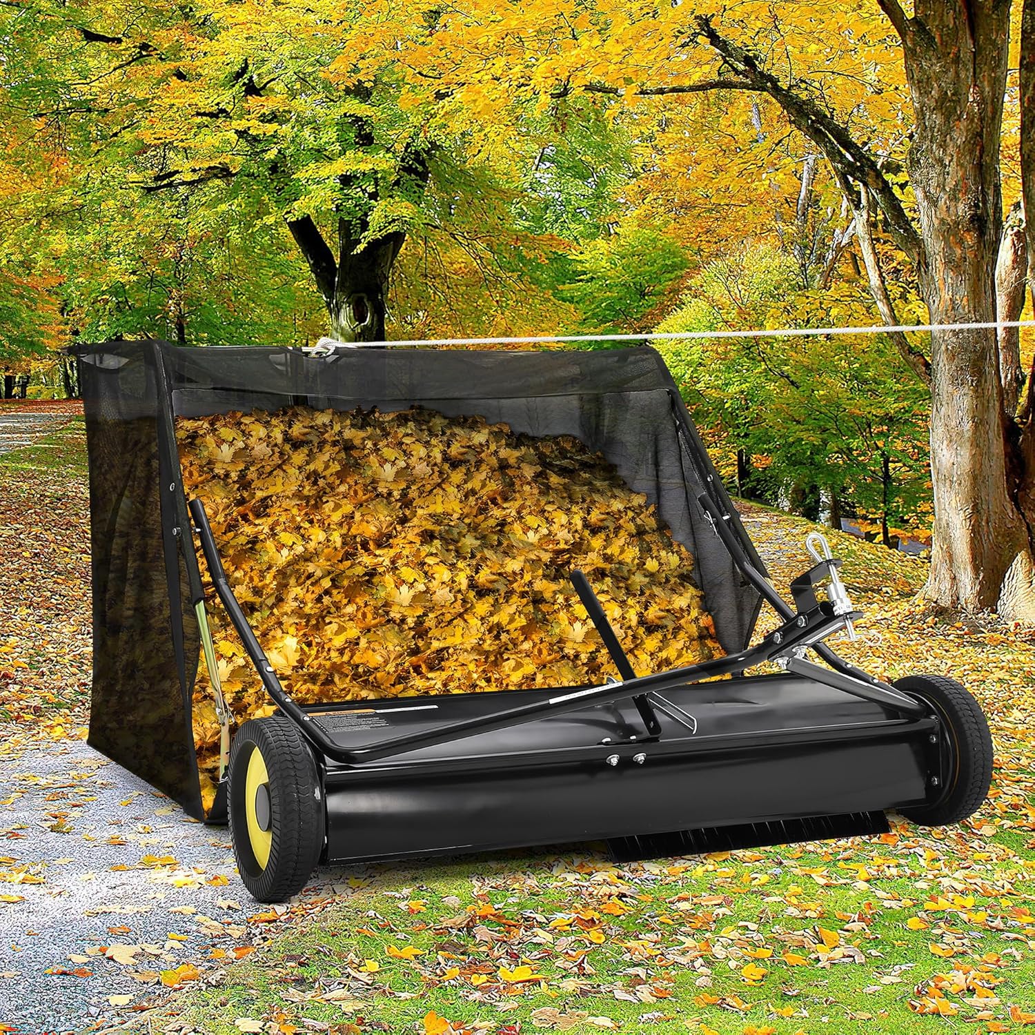 Garvee 42 Inch Lawn Sweeper Tow Behind, 25 cu.ft. Large Pull Behind Grass Sweeper, Heavy Duty Leaf & Grass Collector with Dumping Rope Design, Adjustable Sweeping Height for Picking Up Debris & Grass