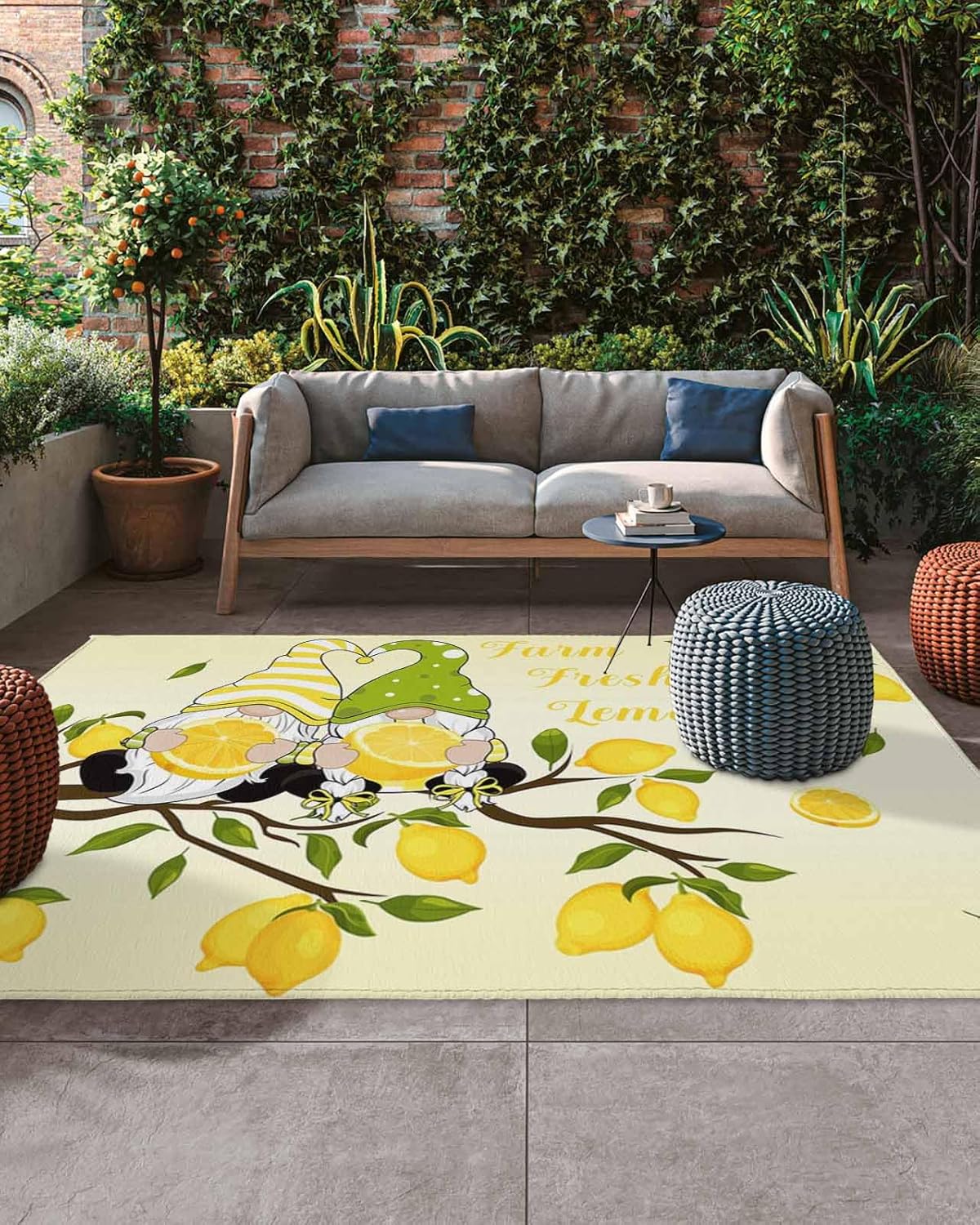 Summer Lemon Gnomes Outdoor Rug for Patio 6x9ft, Non Slip Patio Mat Outdoor Carpet Camping Rug Absorbent Washable Outdoor Area Rug for Deck RV Porch Front Picnic Rural Fruits Tree Yellow Backdrop