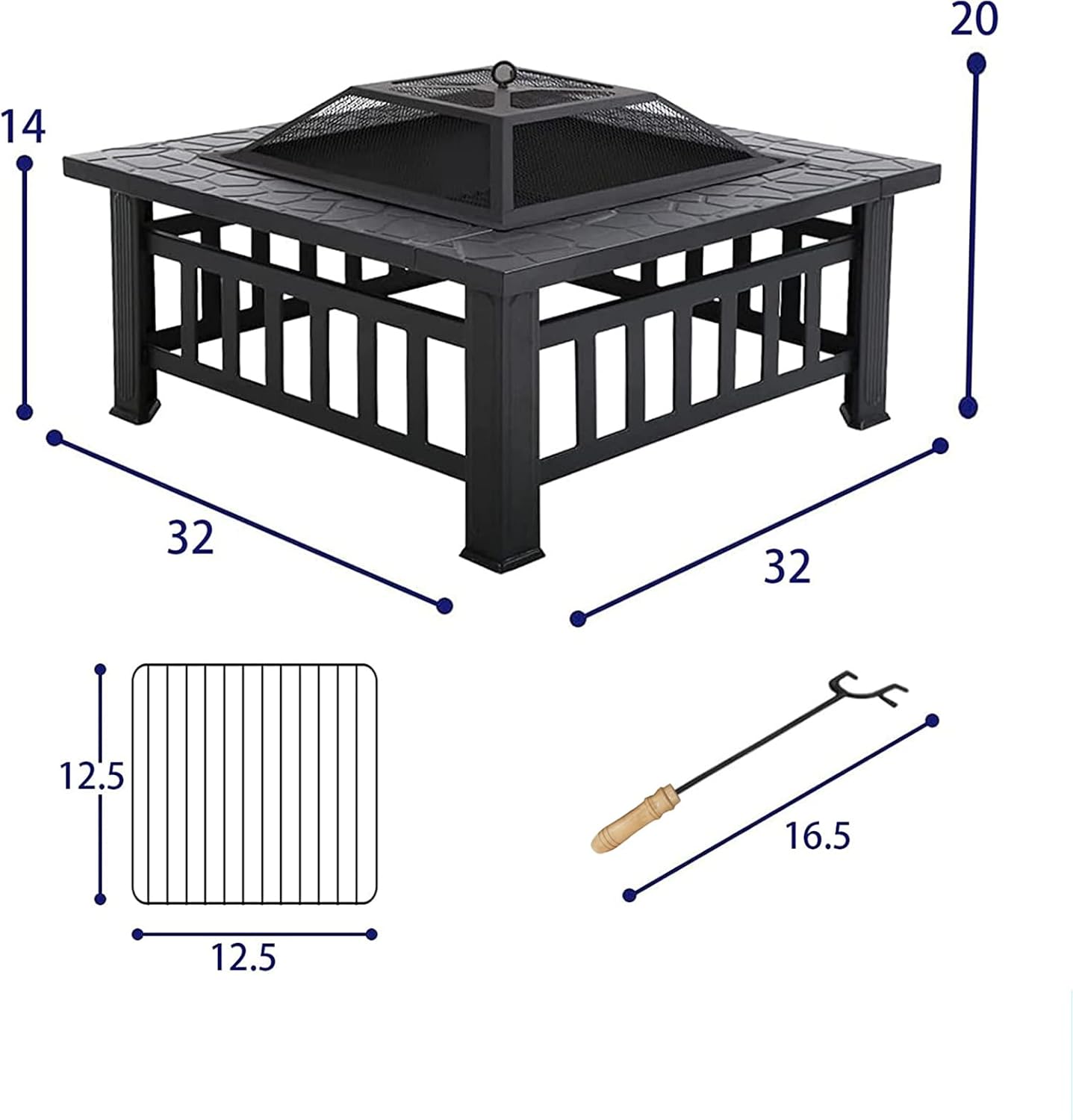 Fire Pit 32'' Wood Burning Firepit Metal Square Outdoor Fire Tables SteelFire Pit Bowl with Spark Screen Cover, Poker Log Grate for Patio Bonfire Camping Backyard Garden Picnic