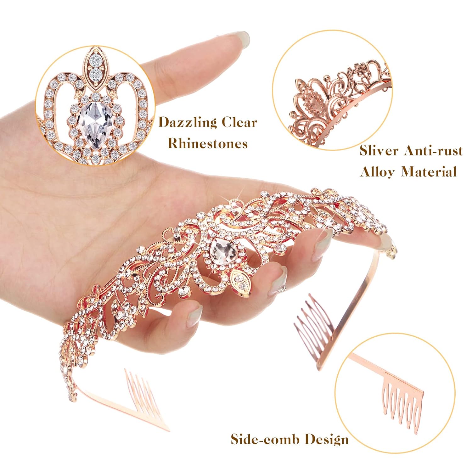 Tigeen 20 Pcs Crystal Tiara Crowns Princess Crown for Women Crown with Combs Rhinestone Princess Tiara Bride Crown for Birthday Party Bridal Wedding Prom Hair Accessories(Rose Gold)