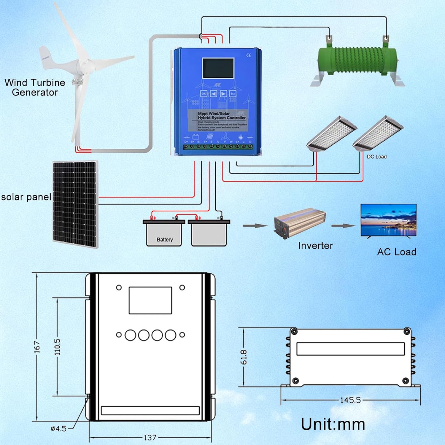 15000W Wind Solar Hybrid Charge Controller 12V 24V MPPT Boost Charge Regulator with LCD Display and Dump Load,12V/24V