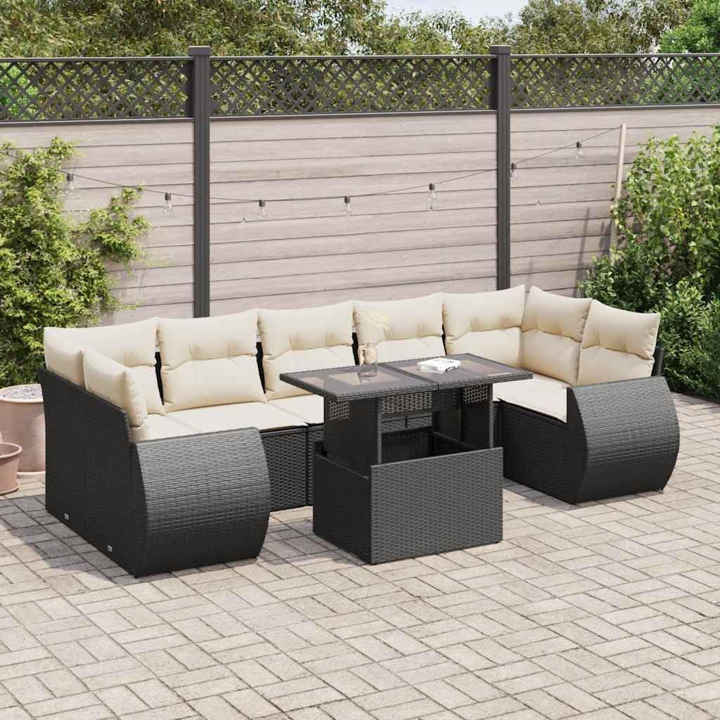 8-Piece Outdoor Garden Sofa Set, Black PE Rattan & Powder-Coated Steel Frame, Tempered Glass Tabletop, Modular Patio Furniture Dining Set for