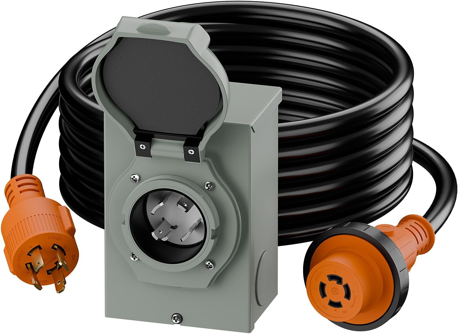 15ft Nema L14-30P Waterproof RV 30Amp Power Inlet Box and L14-30P Extension Cable 15FT, ETL Listed 30A Generator Power Inlet, Outdoor use L14-30 30A 125V 3750W Inlet Box with LED Light AC0067