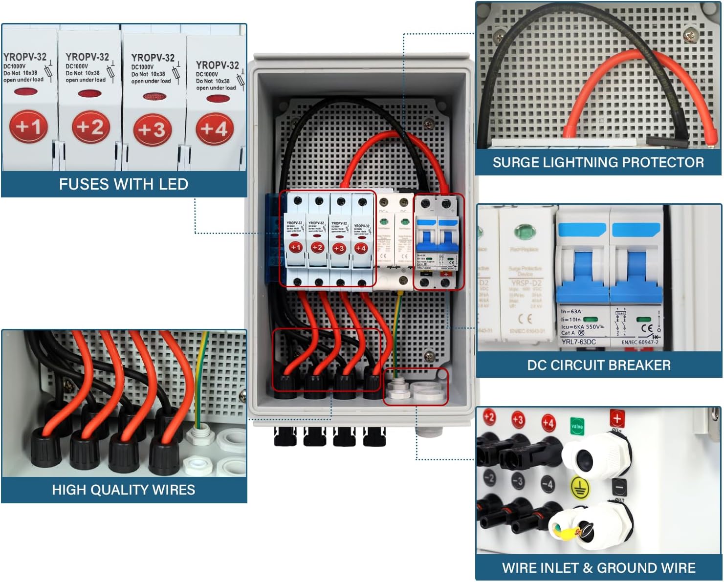 Solar 4 String PV Combiner Box with Lightning Arreste, 15A Rated Current Fuse and 2P 63A Circuit Breakers for On/Off Grid Solar Panel System (4 String PV Combiner Box)