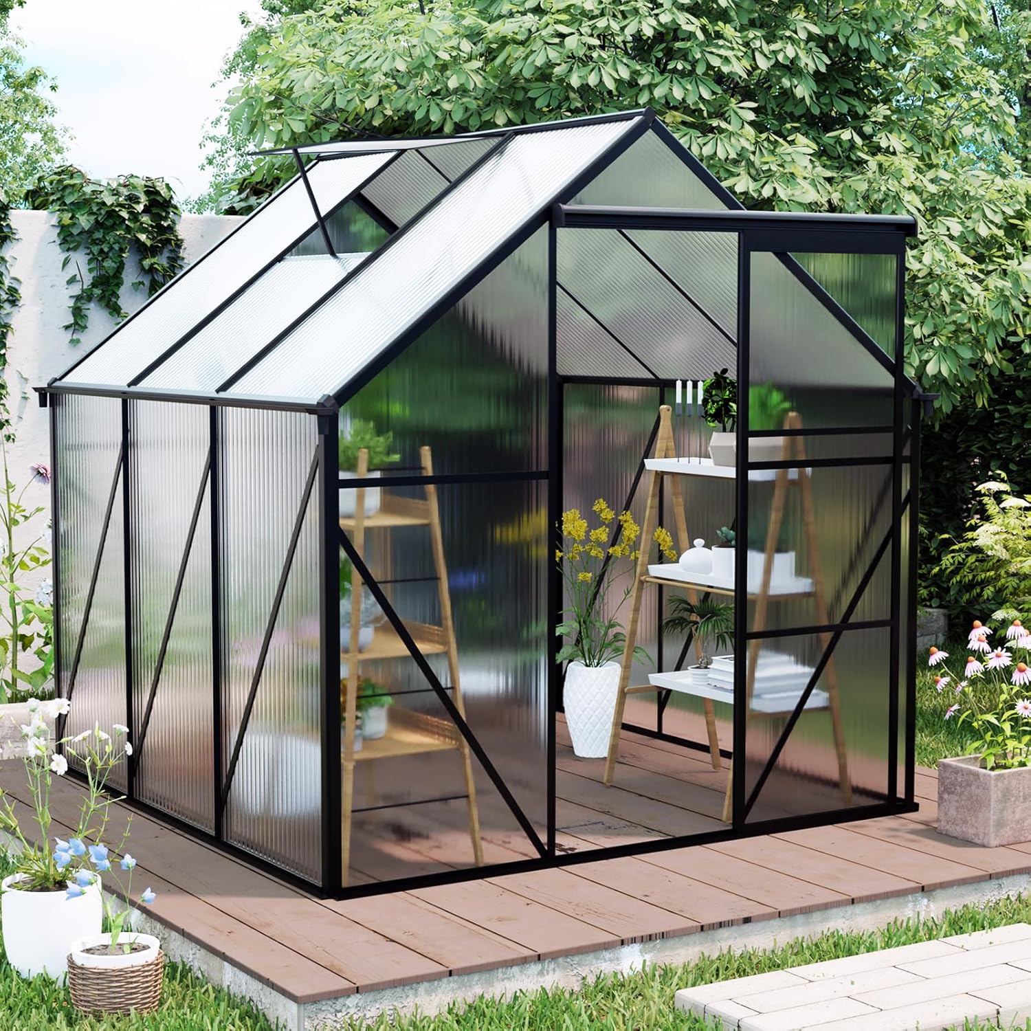 Walk-in Greenhouses Kit for Outdoors - Heavy Duty Polycarbonate Greenhouse with Aluminum Frame for All Season Winter Garden House Plastic Outdoor Greenhouse,Black6*6FT