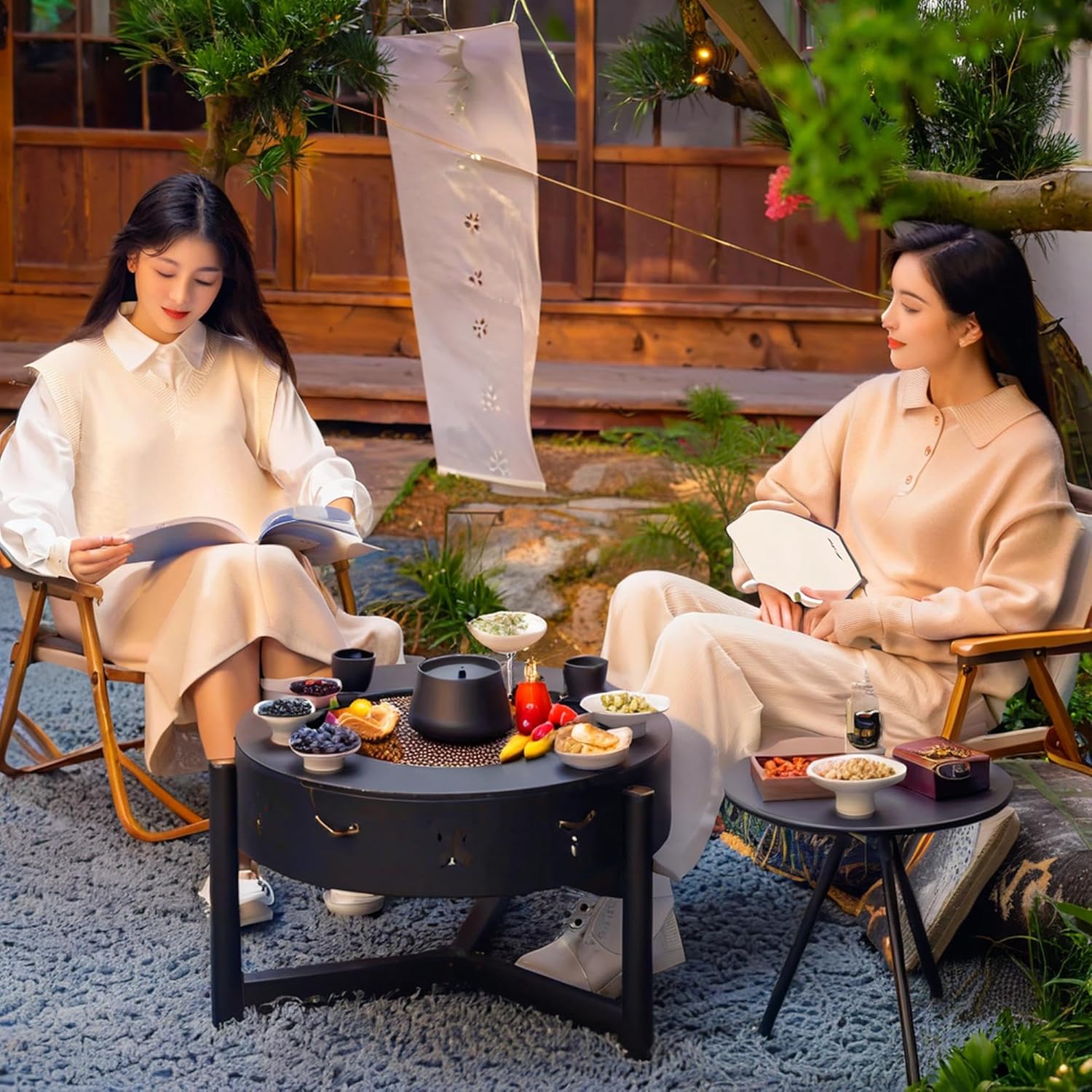 23.6-Inch 3-in-1 Fire Pit with BBQ Grill, Wood Burning Outdoor Firepit with Lid, Heavy Duty Metal Round Table for Patio, Bonfire, Picnic