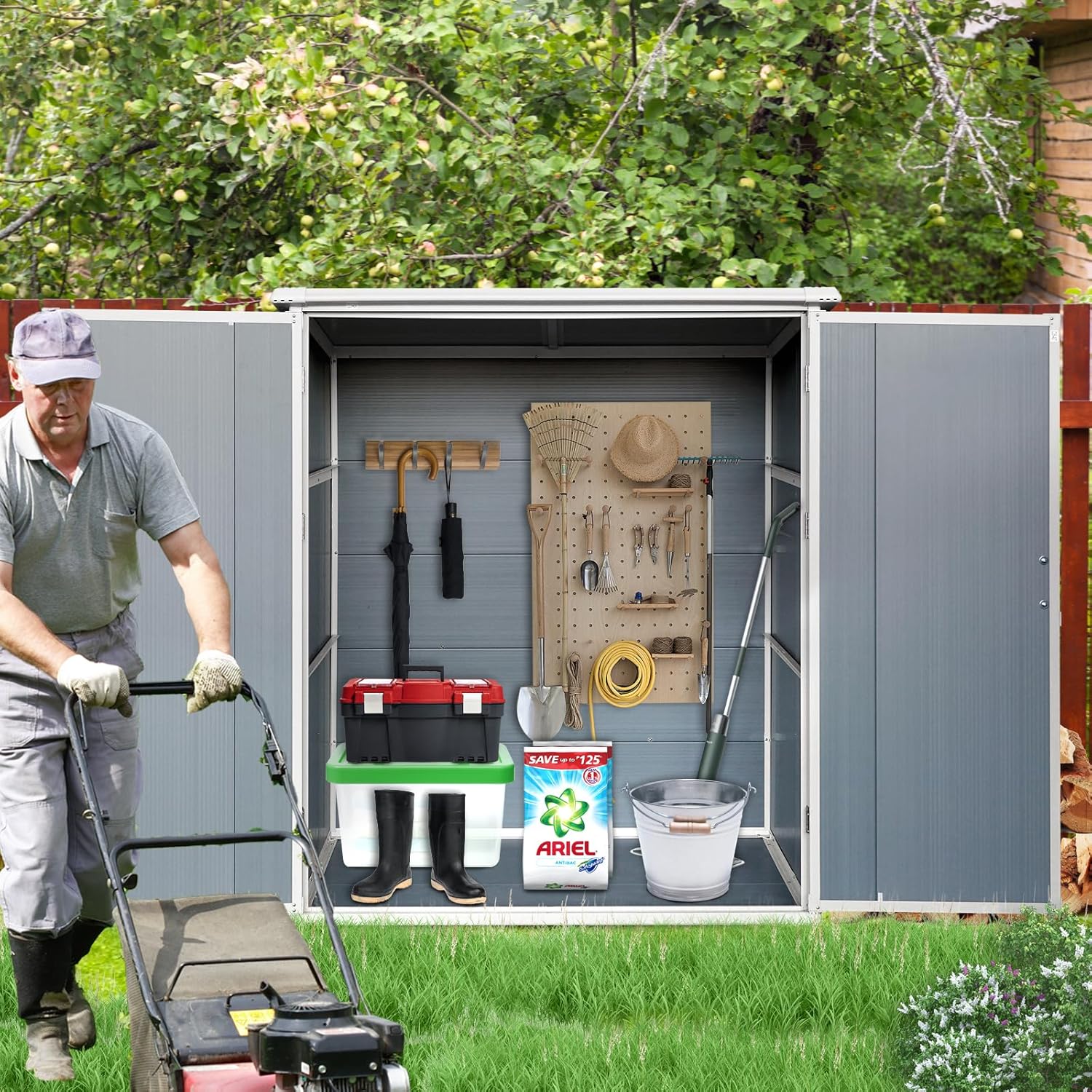 5×3 FT Outdoor Storage Shed Waterproof Resin Cabinet with Lockable Doors,Heavy Duty Storage House,Garden Sheds,for Backyard,Lawn,Bikes and Patio Furnitures,Easy Assembly,Grey