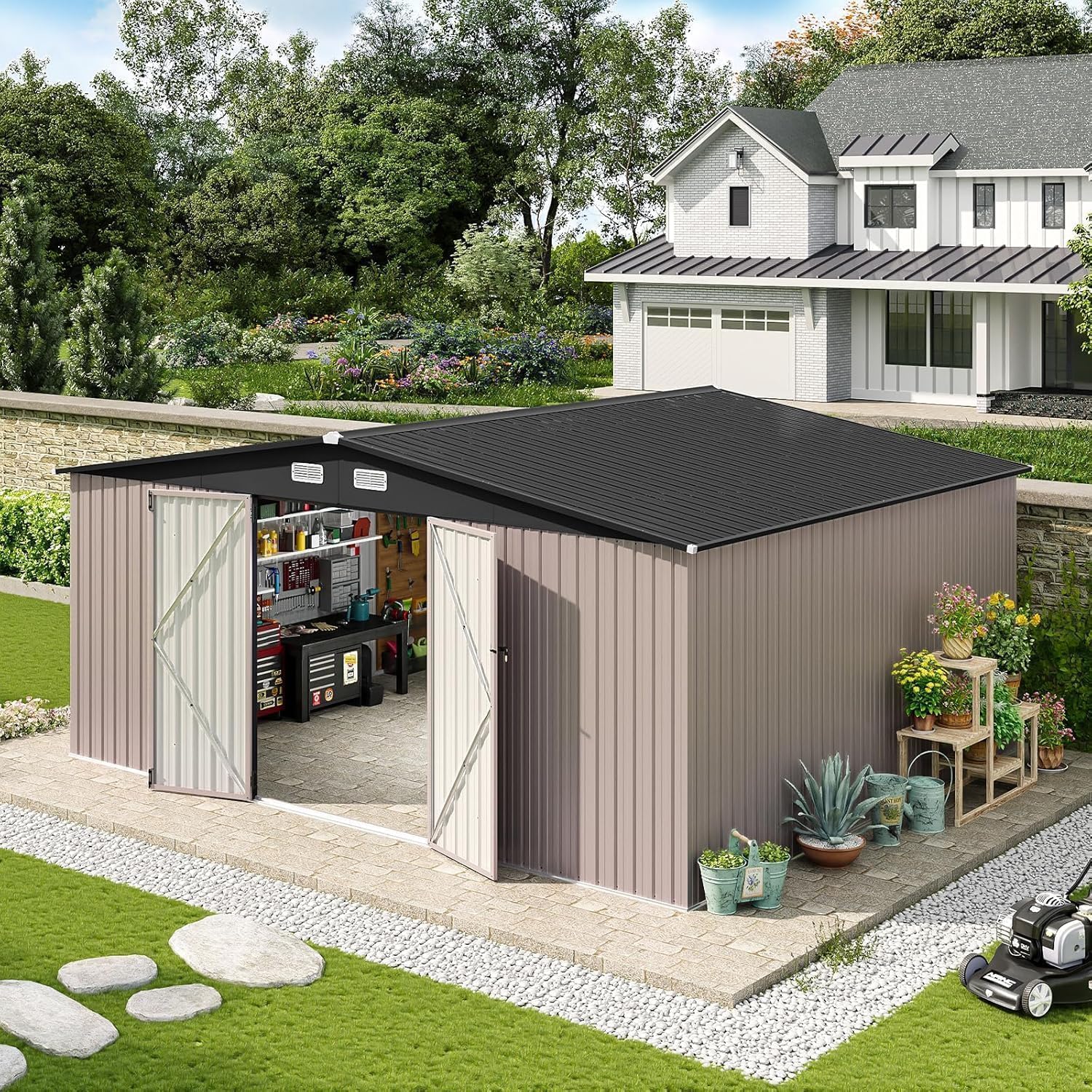 Aoxun 14x12 FT Large Shed Outdoor Storage Shed with 2 Large and Tall Doors, Utility Tool Shed Storage House with Lock, Metal Sheds with Sloped Roof for Patio Garden Lawn, Brown