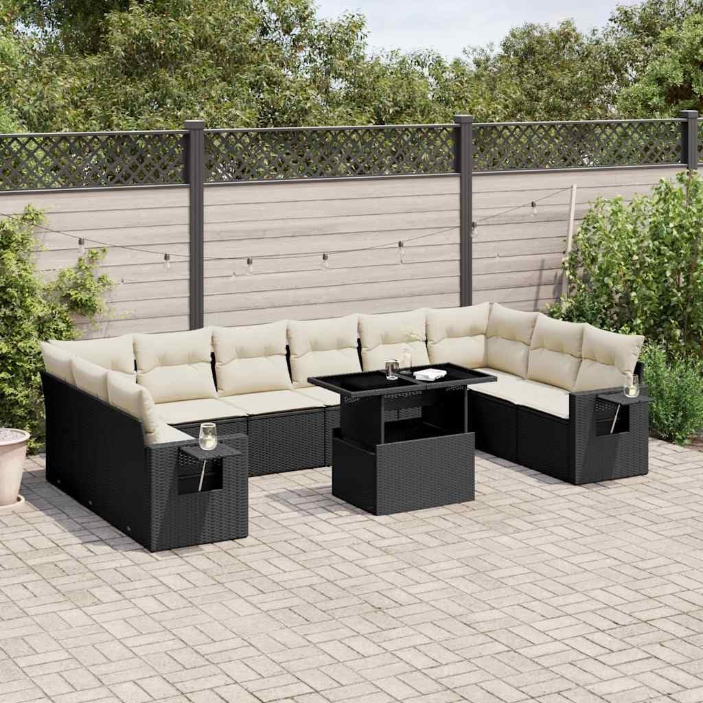 11-Piece Garden Sofa Set, Black Poly Rattan, Cream Cushions, Modular Outdoor Patio Furniture for 8 People, Weather-Resistant