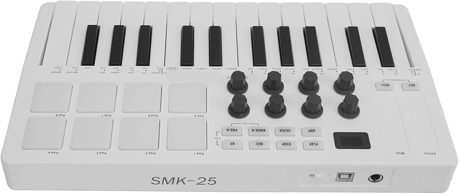25 Force Sensitive Keys MIDI Keyboard Controller with 8 RGB Pads and Smart Chord, Compatible with Windows, OS X, iOS, Android