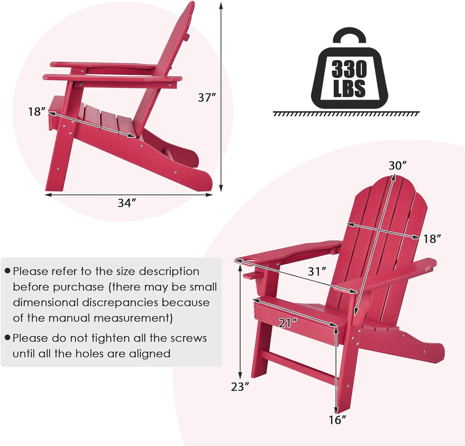 Giantex Adirondack Chair, HDPE All-Weather Patio Chair with Built-in Cup Holder, Outside Composite Chairs, Lawn Chair for Campfire, Deck, Garden, Yard, Balcony, Outdoor Fire Pit Chairs (4, Red)