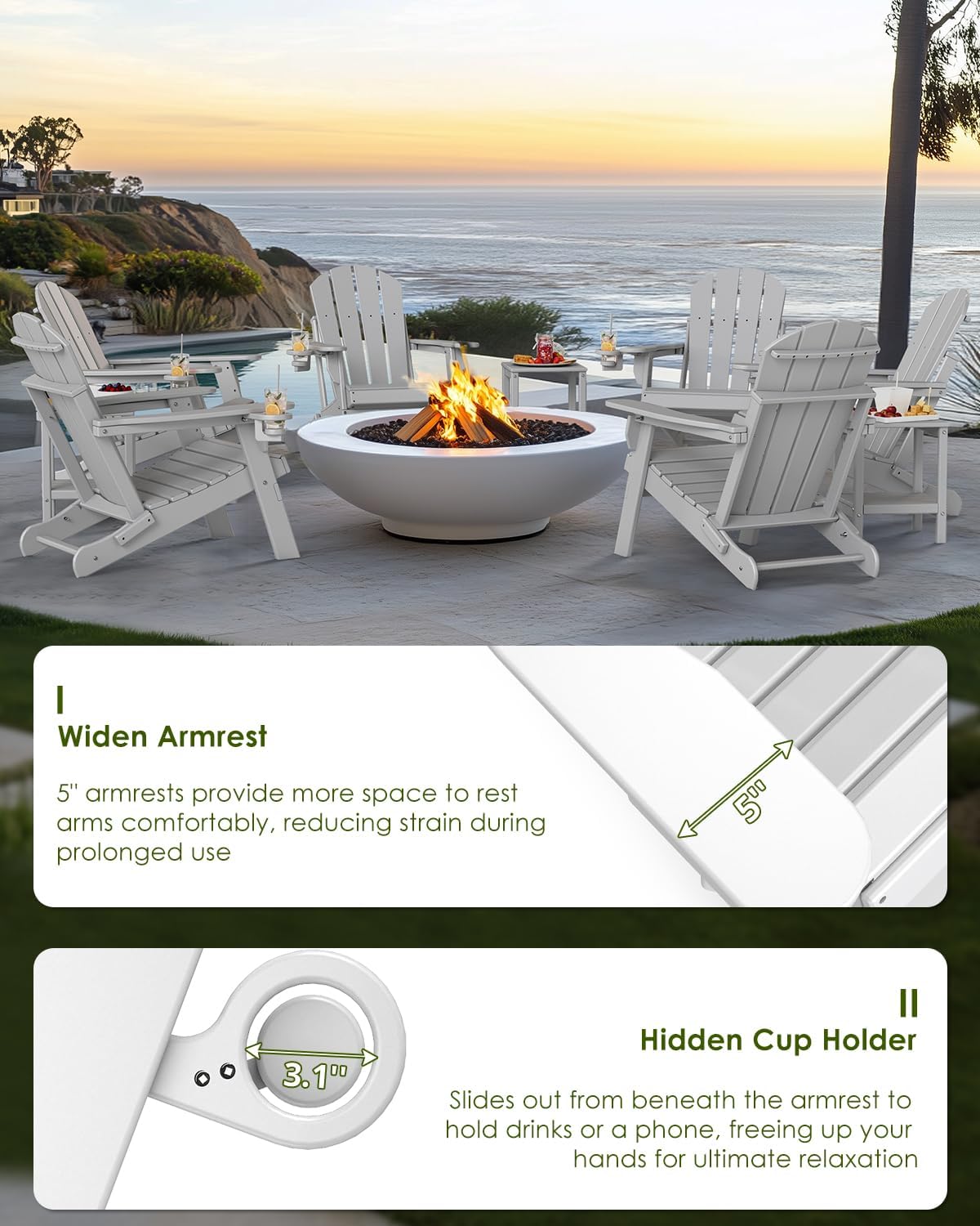 GREENVINES Folding-Adirondack-Chairs-Set-of-6 | HDPE Plastic | Fire Pit Chair | All Weather | Cup Holder | White | for Deck Backyard Patio Outdoor Garden