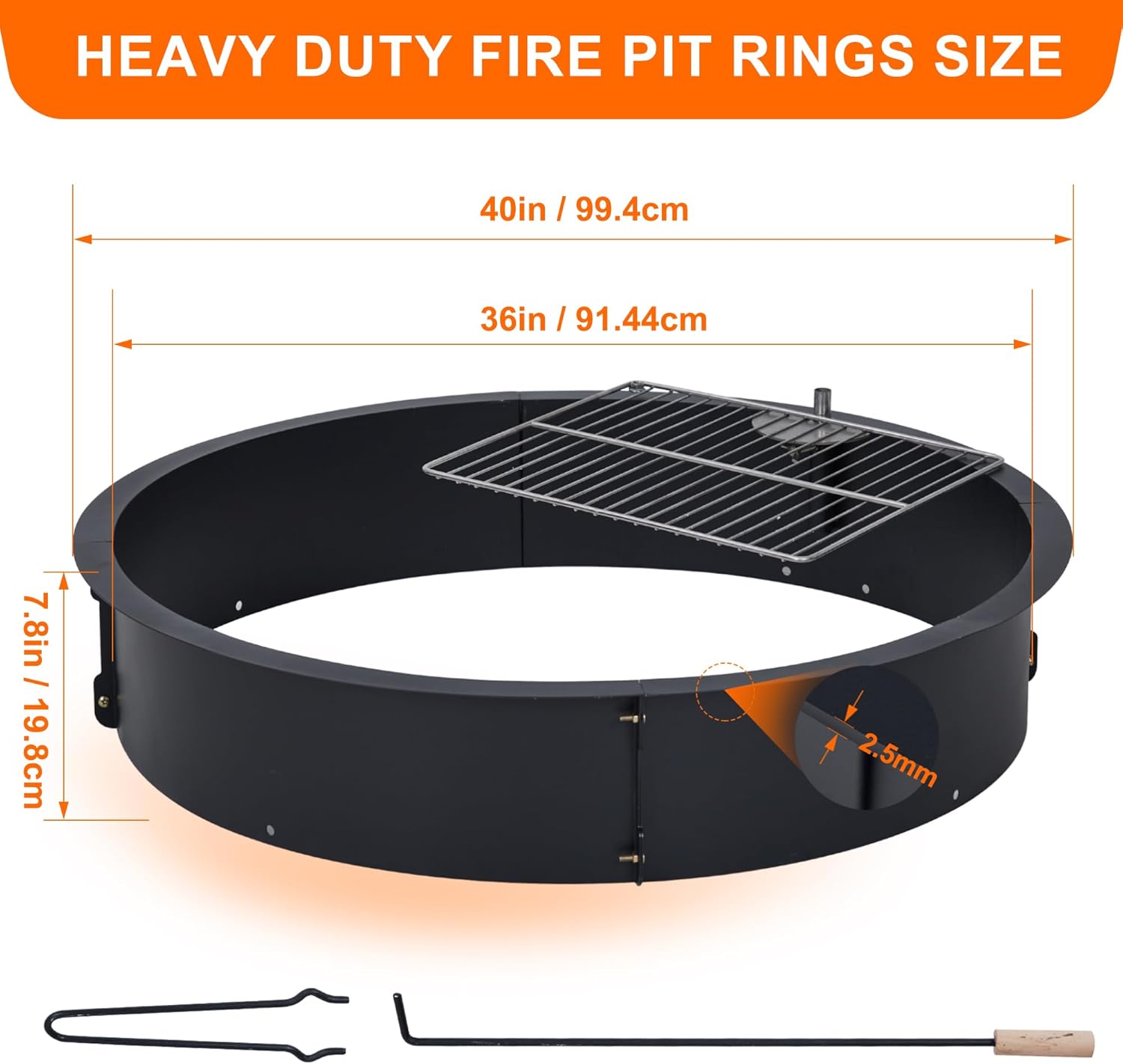 40 Inch Outer / 36 Inch Inner Fire Pit Ring, Round Smokeless Wood Burning Fire Pit Insert, Heavy Duty Steel DIY Fire Ring with Poker, Above or In Ground Use for Patio Garden Backyard Camping